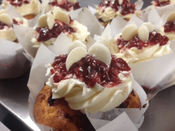 Fresh raspberry filling with white chocolate muffins